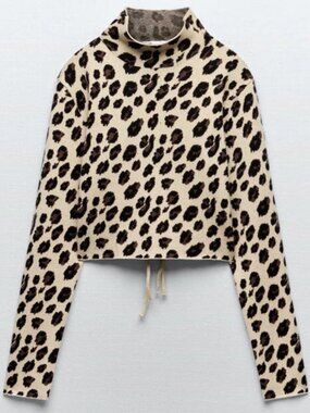 Zara Animal Print Cropped Backless Long Sleeve Mock Neck Sweater